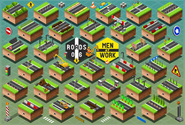 Isometric Road Signs Set on Green Terrain - Buildings Objects