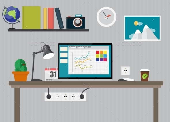 Working Place Modern Office Interior Flat Design - Web Technology