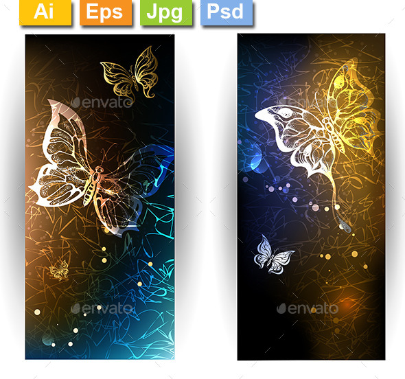 Two Banners with Glowing Butterflies - Web Elements Vectors
