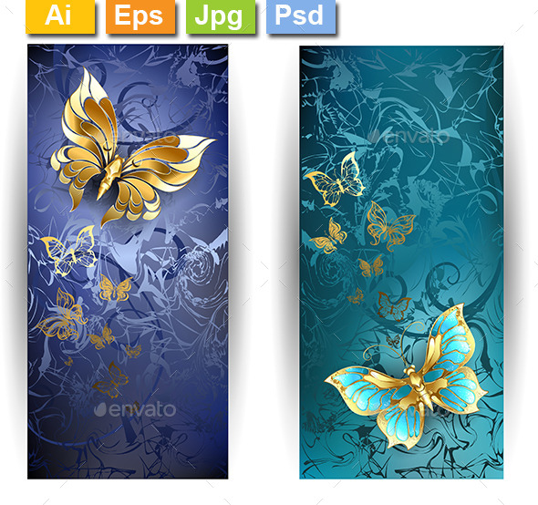 Two Banners with Gold Butterflies - Web Elements Vectors