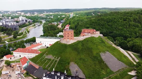 Vilnius downtown with Iconic Gediminas Castle, aerial orbit view alt