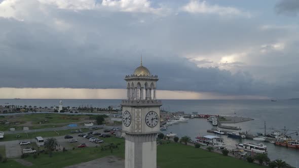 Batumi, Georgia - Jule 28 2020: Aerial view of Chacha tower with big clock. alt