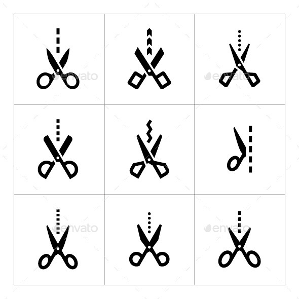 Set Icons of Scissors with Cut Line - Man-made objects Objects