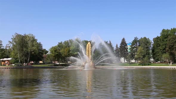 Golden Spike fountain on Kamensky pond in VDNH park.Moscow, Russia 