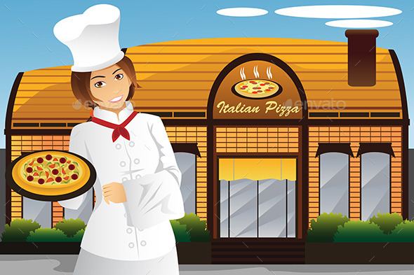 Waitress Holding Pizza - Business Conceptual