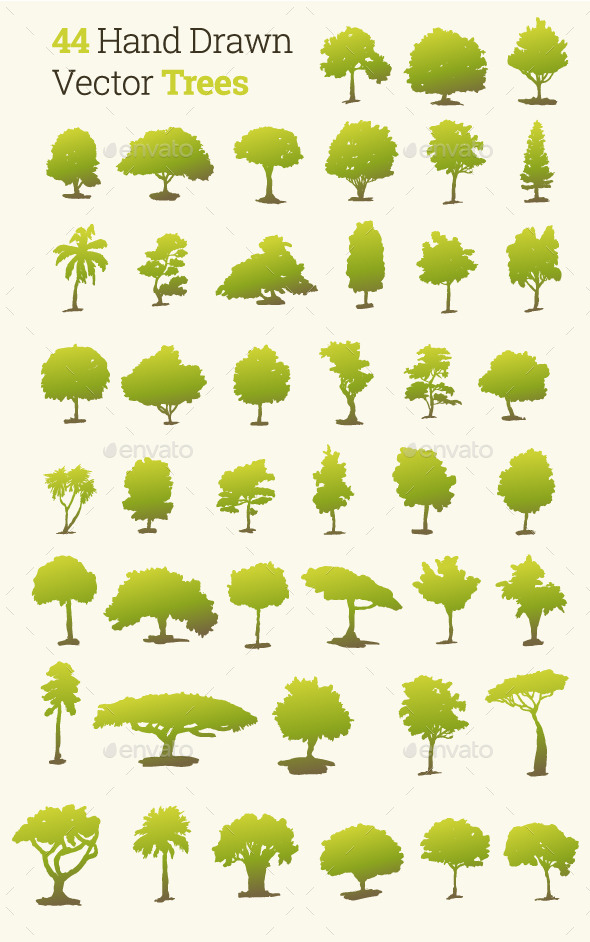 44 Hand Drawn Vector Trees - Flowers & Plants Nature