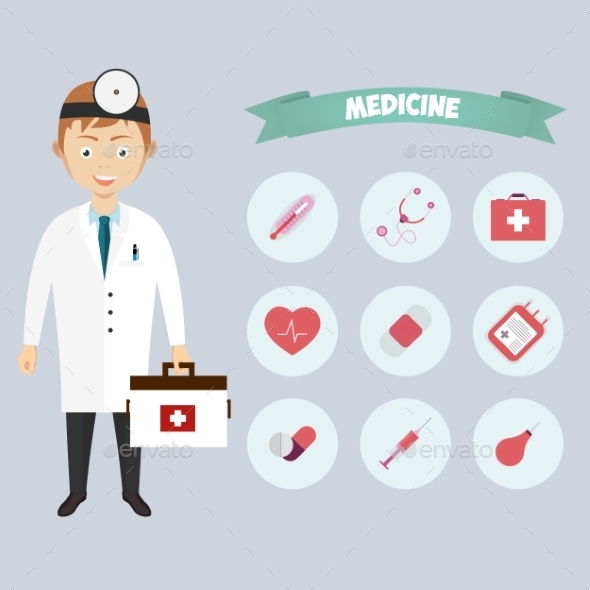 Smiling Happy Male Doctor with Icons - Health/Medicine Conceptual