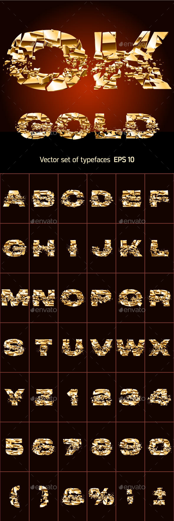 Set of a Broken Golden Alphabet Letters - Decorative Symbols Decorative