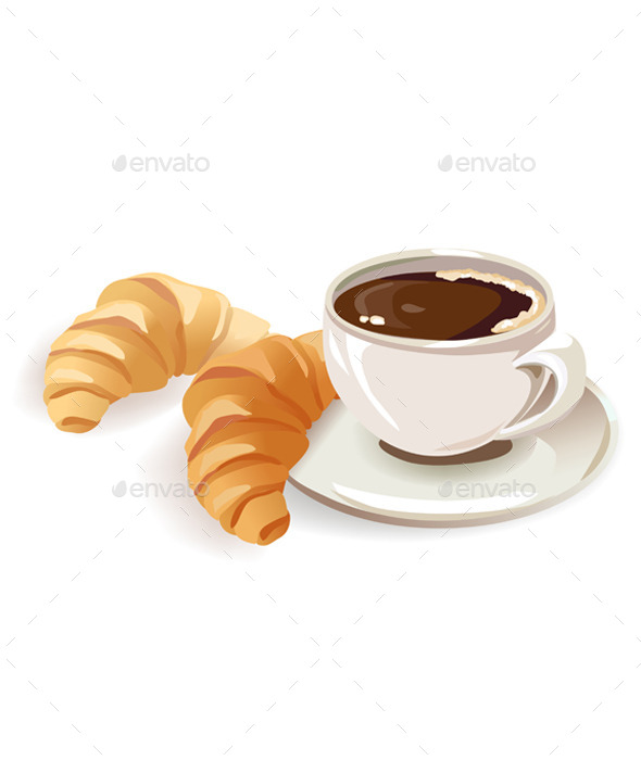 French Breakfast of Coffee and Croissants - Food Objects