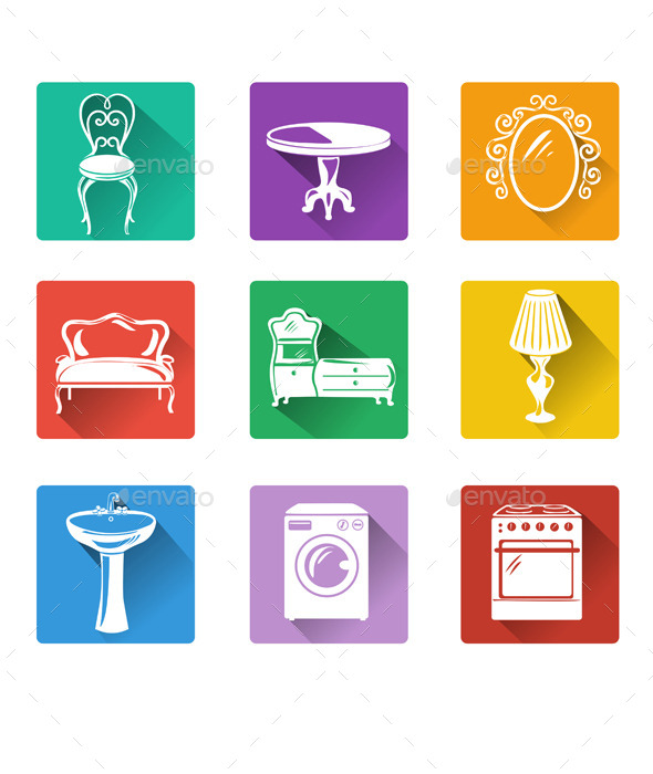 Flat Icons of Furniture and Equipment - Man-made Objects Objects