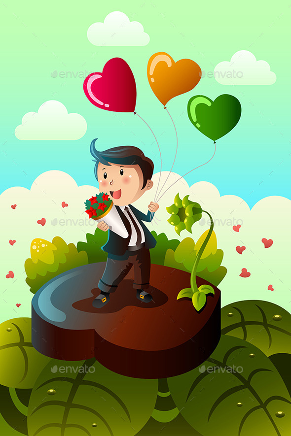 Man Carrying Heart Shaped Balloons and Red Roses - Valentines Seasons/Holidays