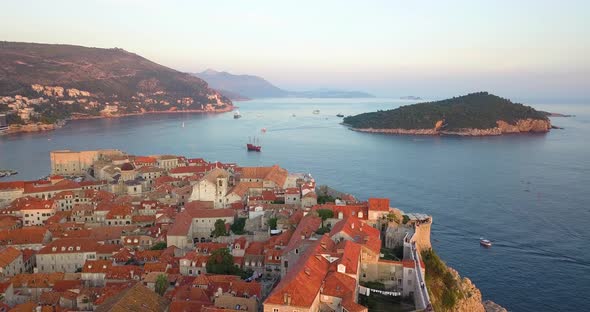 The Historical Part of Dubrovnik, Croatia, Lagoon and Islands, Filmed From Air By Drone at Sunset alt