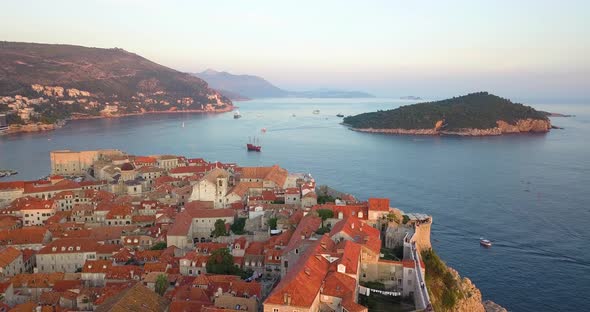 The Historical Part of Dubrovnik, Croatia, Lagoon and Islands, Filmed From Air By Drone at Sunset