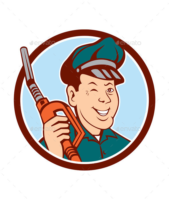 Gas Attendant Nozzle Winking Circle Cartoon - People Characters