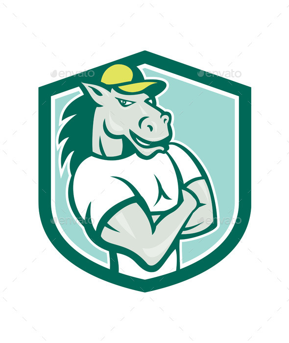 Horse Arms Crossed Shield Cartoon - Animals Characters