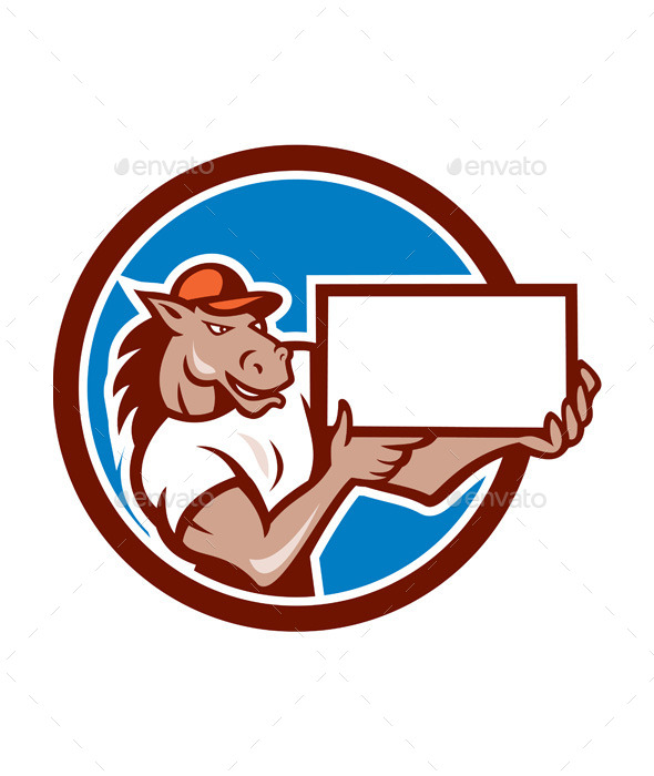 Horse Presenting Blank Sheet Circle Cartoon - Animals Characters