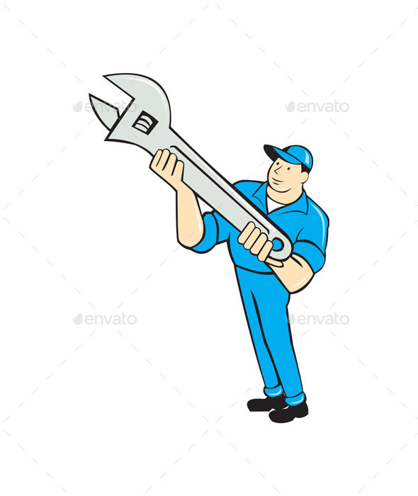 Mechanic Presenting Spanner Wrench Cartoon - People Characters