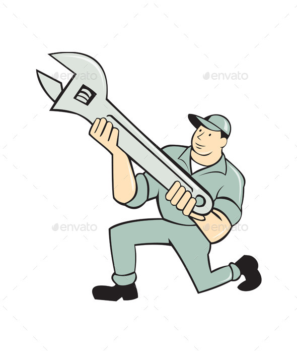 Mechanic Kneeling Holding Spanner Wrench Cartoon - People Characters
