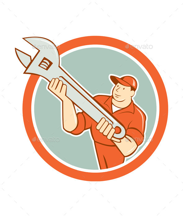 Mechanic Presenting Spanner Wrench Circle Cartoon - People Characters