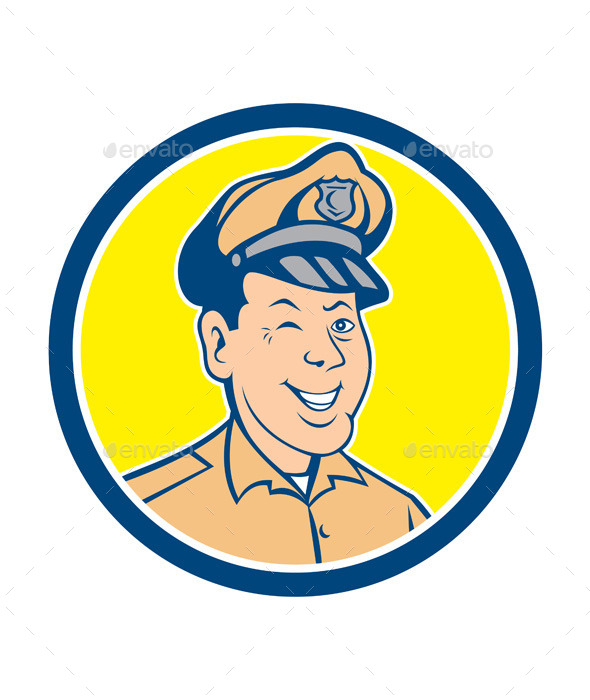 Policeman Winking Smiling Circle Cartoon - People Characters