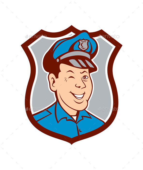 Policeman Winking and Smiling Shield Cartoon - People Characters
