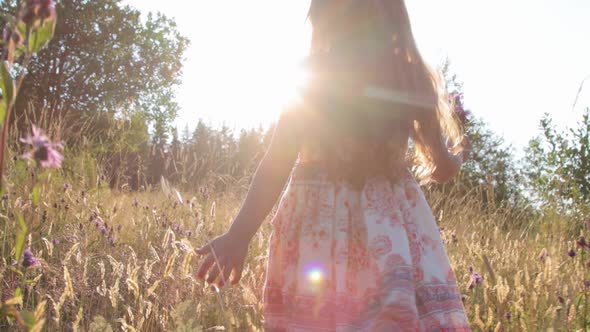 Little girl walking through summer field