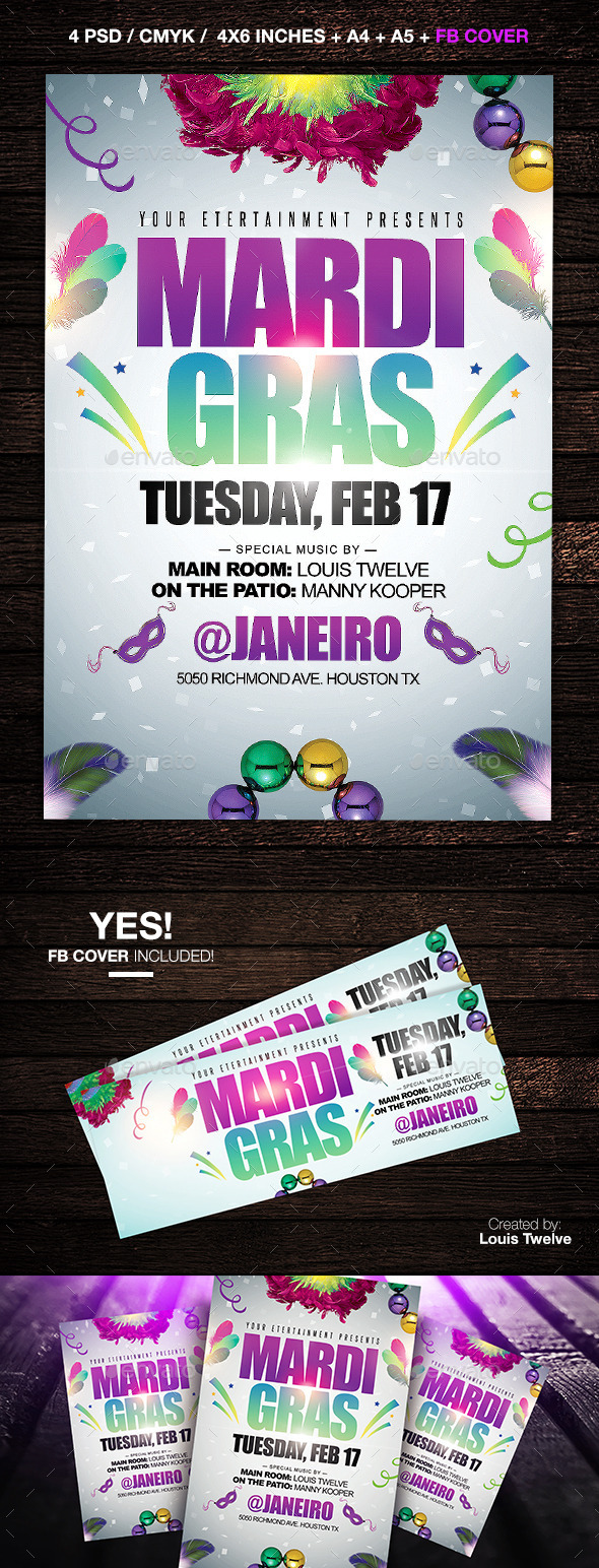Mardi Gras or Carnival Party Flyer + FB Cover - Clubs & Parties Events