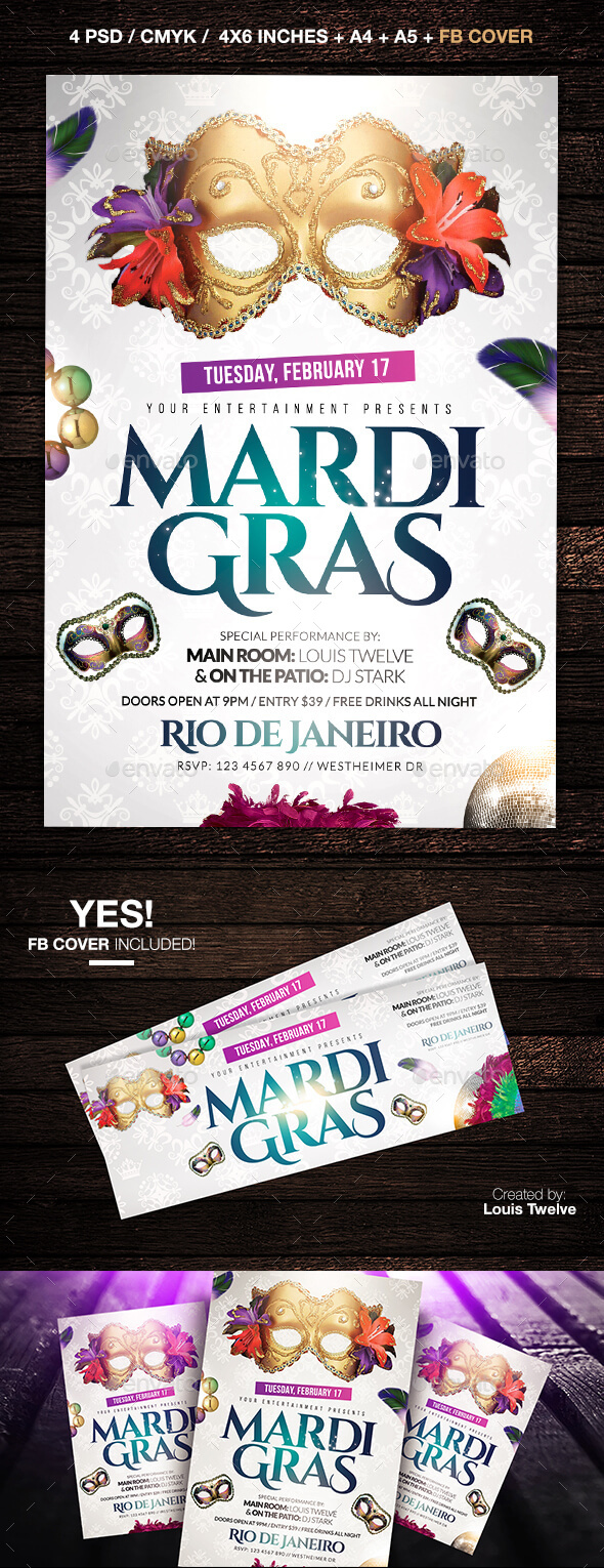 Mardi Gras White Edition Flyer + FB Cover - Clubs & Parties Events