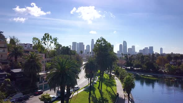 Cityscape Downtown La Establishing Drone Shot Over Green Space