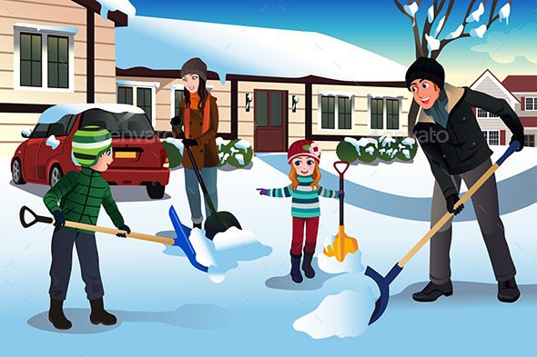 Family Shoveling Snow - Seasons/Holidays Conceptual
