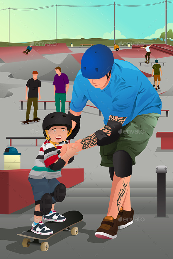 Father Teaching Son Skateboarding - Sports/Activity Conceptual