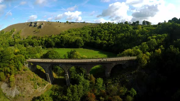 Aerial view, footage of Headstone Viaduct in Bakewell, Derbyshire, the Peak District National Park, alt