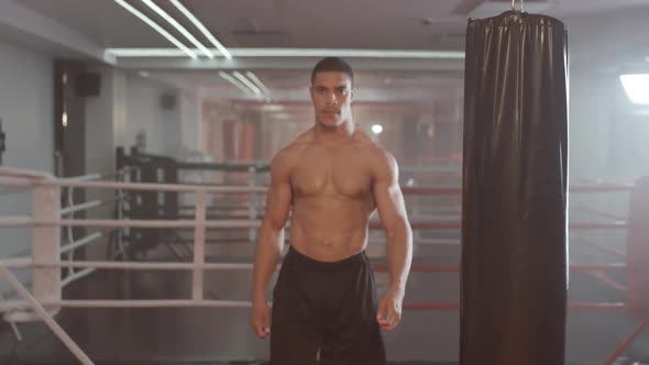 Boxing, Athletic Man Fighter Trains in Boxing Gym, a Muscular Man Takes a Fighting Stance and Looks alt