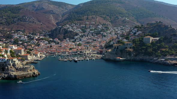 Aerial View of Hydra Old Town and Marina or Seaport Greece  Drone Videography alt