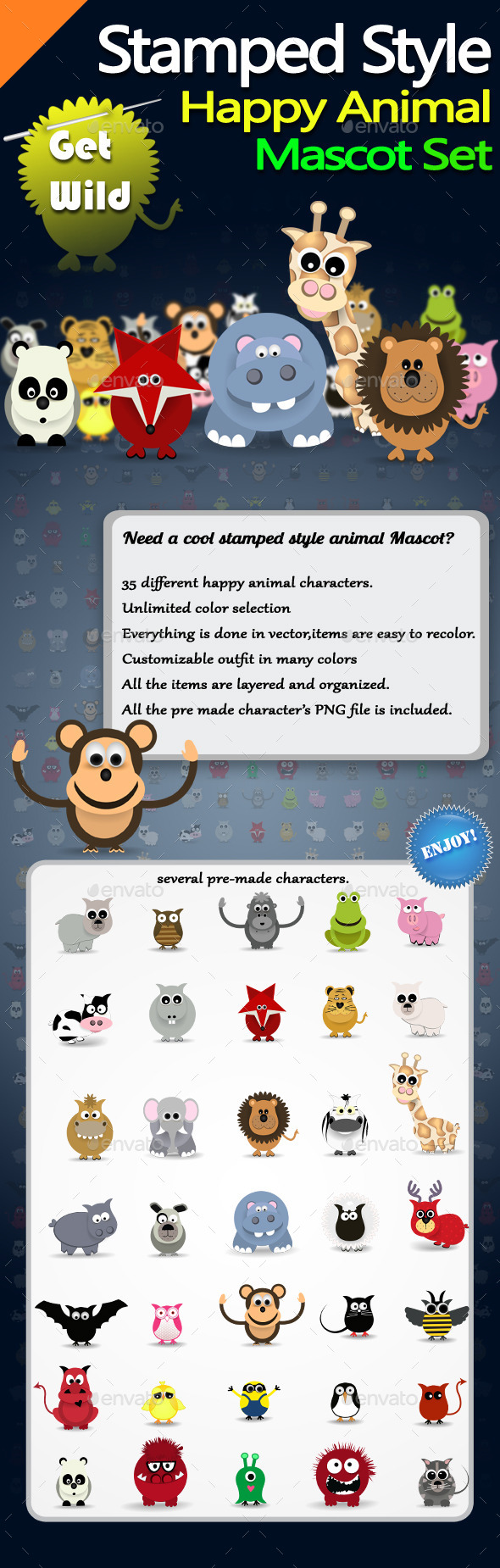 Stamped Style Happy Animal Mascot Set - Animals Characters