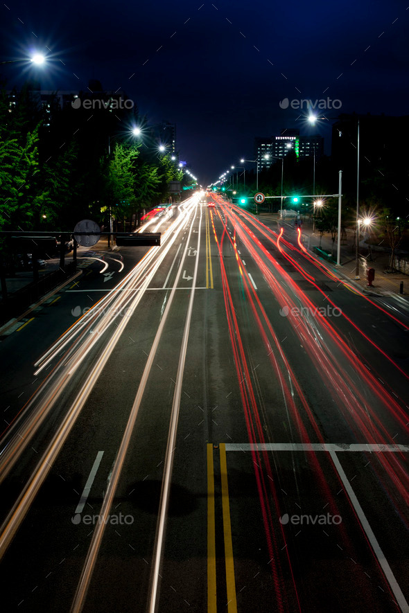 Automobile lights blur.