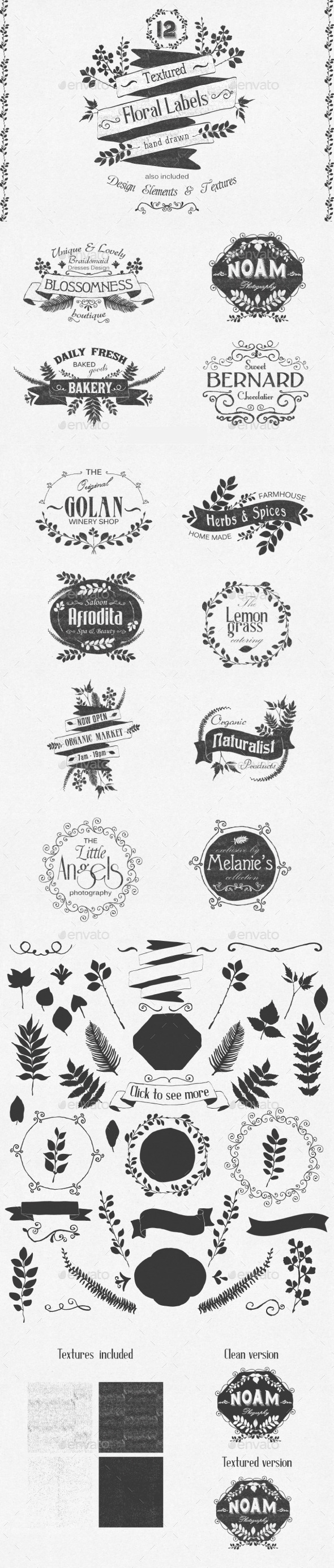 Hand Drawn Floral Labels and Design Elements - Web Elements Vectors