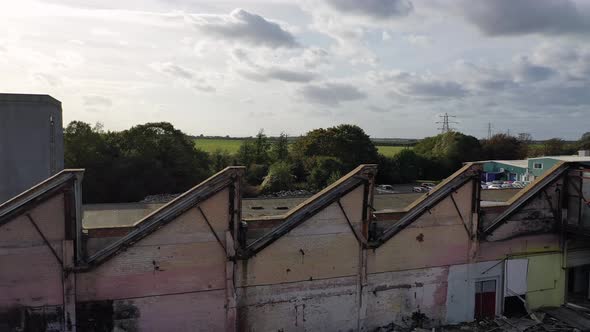 Aerial View of a Warehouse Destroyed By Fire and Filled with Waste Junk, Margate, Kent, UK