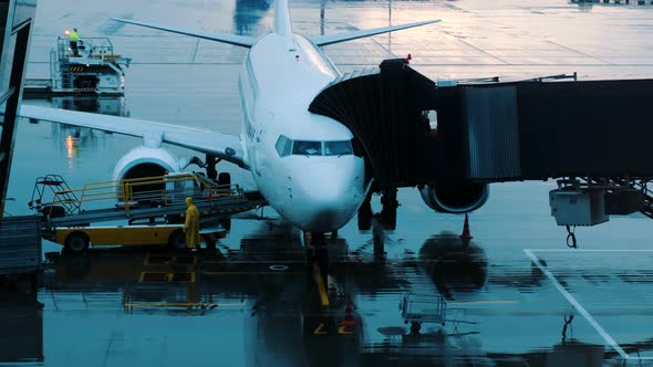 Baggage Moves Along the Conveyor Belt To the Aircraft in Rainy Weather. Passengers Enter the Plane alt