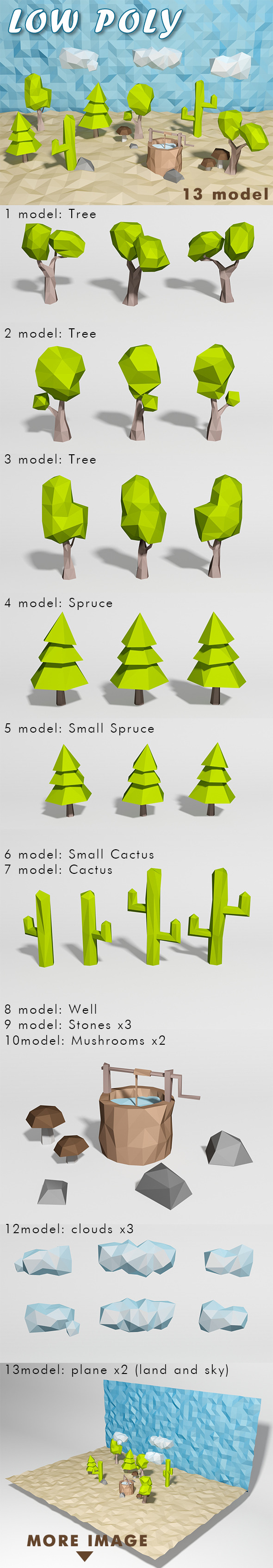 Low Poly 5 Trees and 3 Clouds - 3DOcean Item for Sale