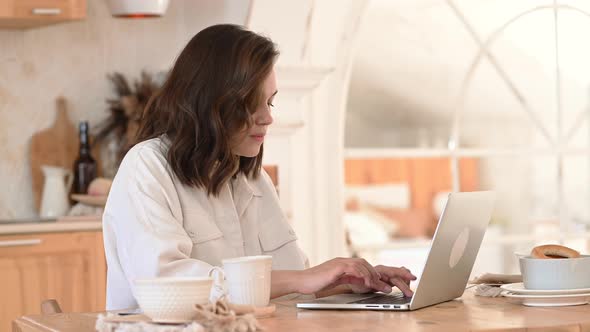 Attractive Woman Working on Laptop Seated at Desk in Cozy Living Room alt