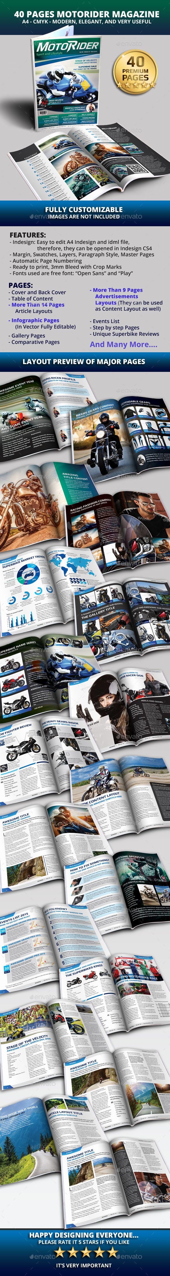 40 Pages A4 MotoRider Racing Magazine Template - Magazines Print Templates
