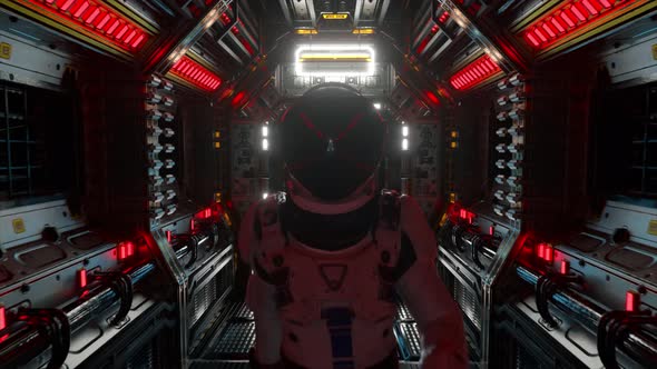 Astronaut Walking in Spaceship Tunnel Scifi Shuttle Corridor alt