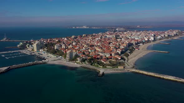 Aerial view to Pomorie city on the Black Sea coast