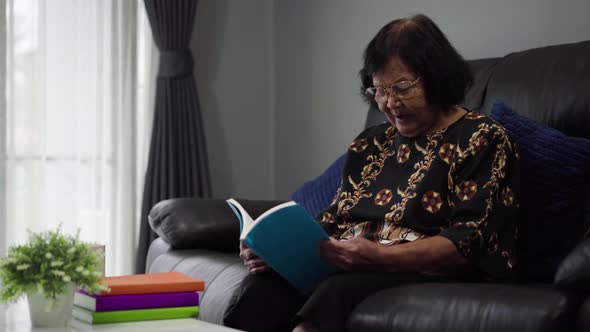 senior woman reading a book in living room