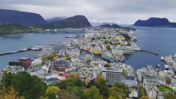 Colorful Town Of Alesund In More Og Romsdal County In Norway. wide panning alt