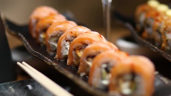 Sushi roll set . Various Sushi japanese food in restaurant.	