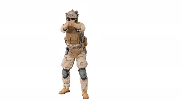Modern Soldier, Counter Terrorist Squad Fighter Shooting with a Pistol on White Background alt
