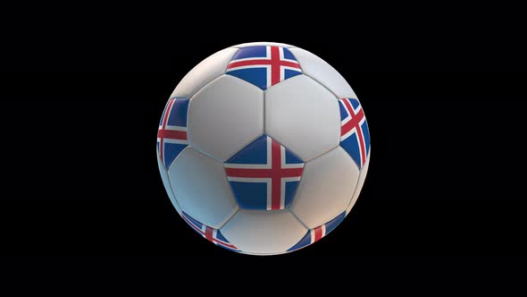 Soccer ball with flag Iceland, on black background loop alpha