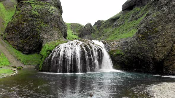 Stjornarfoss Waterfalls in Summer Season, Amazing Aerial View alt